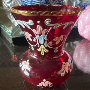 Antique Moser Toothpick Holder, Hand Painted Red Glass